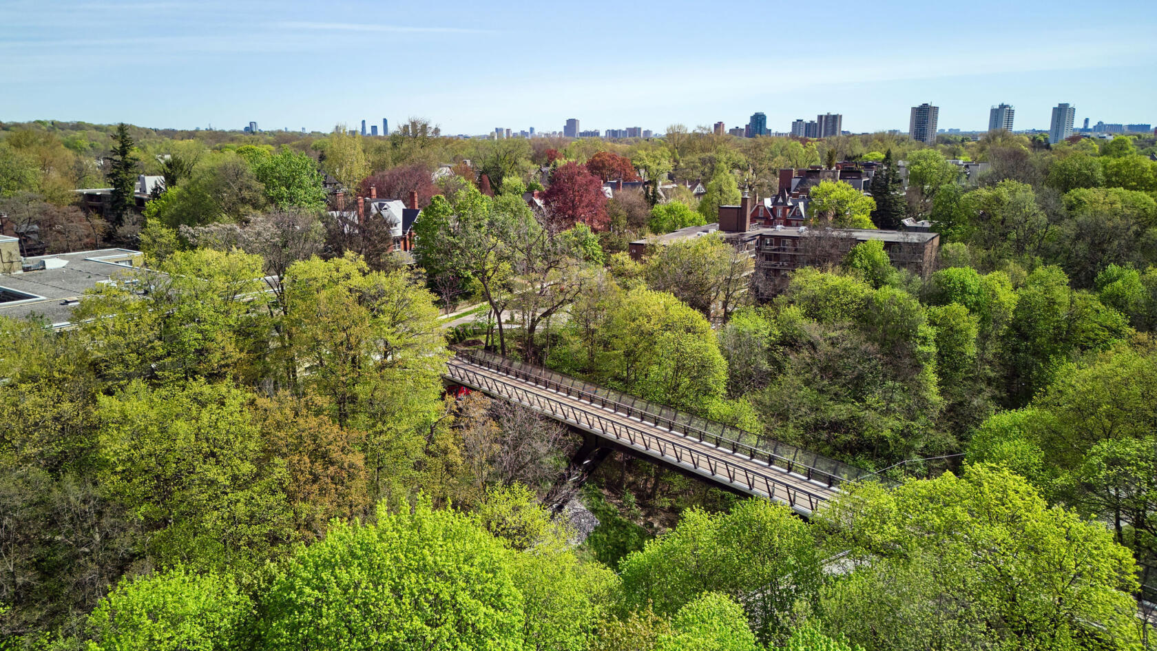 Aerial view of Glen Road Pedestrian Bridge, showing the bridge spanning the forested ravine below.
